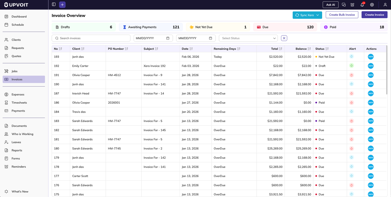 Invoice overview listing page