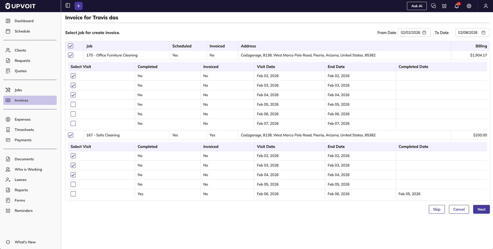 Select jobs and visits for invoicing