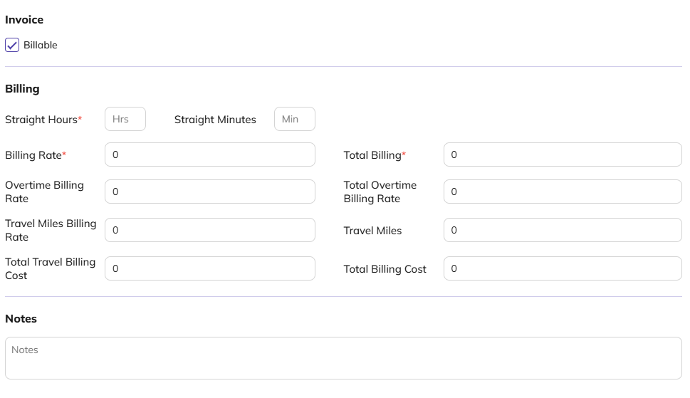 labour tracking add invoice billing notes