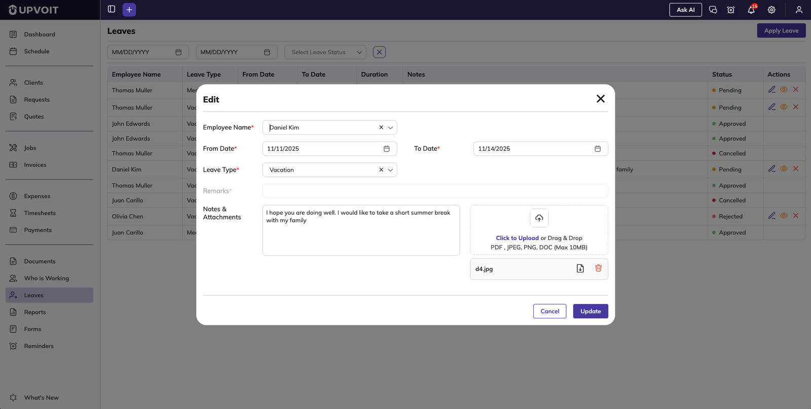 Editing a pending leave request